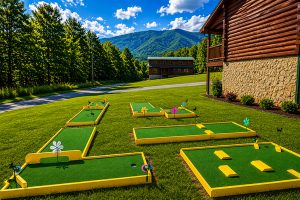 Five‑hole putt‑putt golf course with scenic mountain views, lush green turf, wooden borders, and clear blue skies — perfect for family outdoor recreation and vacation activities