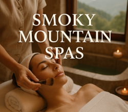 Woman receiving a facial in a Smoky Mountain spa with mountain views in the background. Text overlay reads 'Smoky Mountain Spas