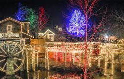 Dollywood Smoky Mountain Christmas lights glowing at night in Pigeon Forge