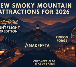 Illustrated collage highlighting new Smoky Mountain attractions for 2026, featuring Dollywood’s NightFlight Expedition coaster, Anakeesta’s mountaintop tower and treetop lights at dusk, and Pigeon Forge’s nighttime skyline with a ferris wheel and the Checkered Flag Slot Car Complex sign.